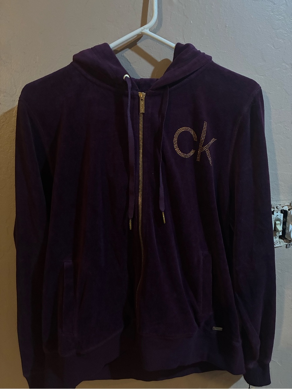 Calvin Klein Dark Purple Velour Zip Hoodie Jacket